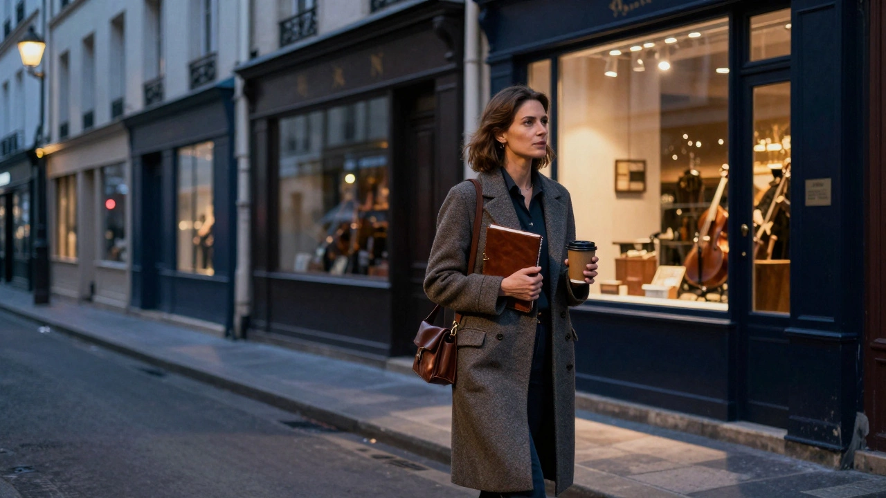 A confident woman walks through Le Marais at dusk, holding a notebook, embodying quiet expertise and local knowledge.