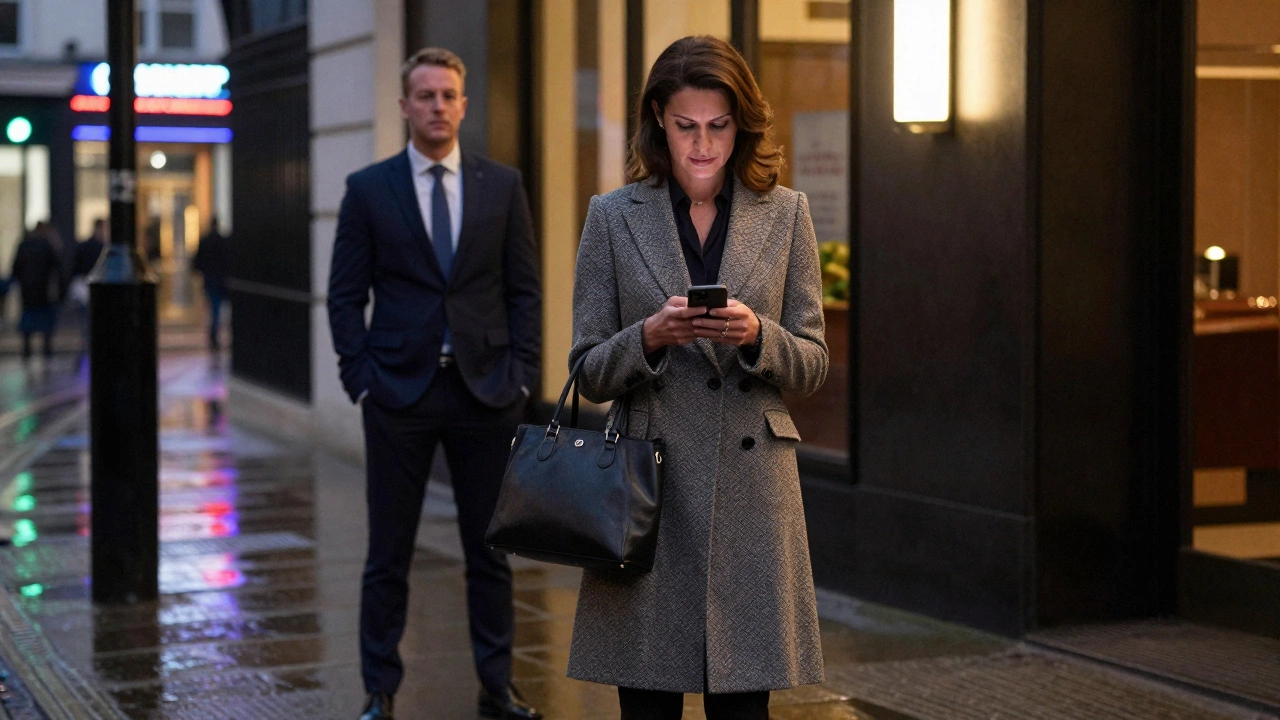 A professional woman waiting respectfully outside a hotel lobby in London.