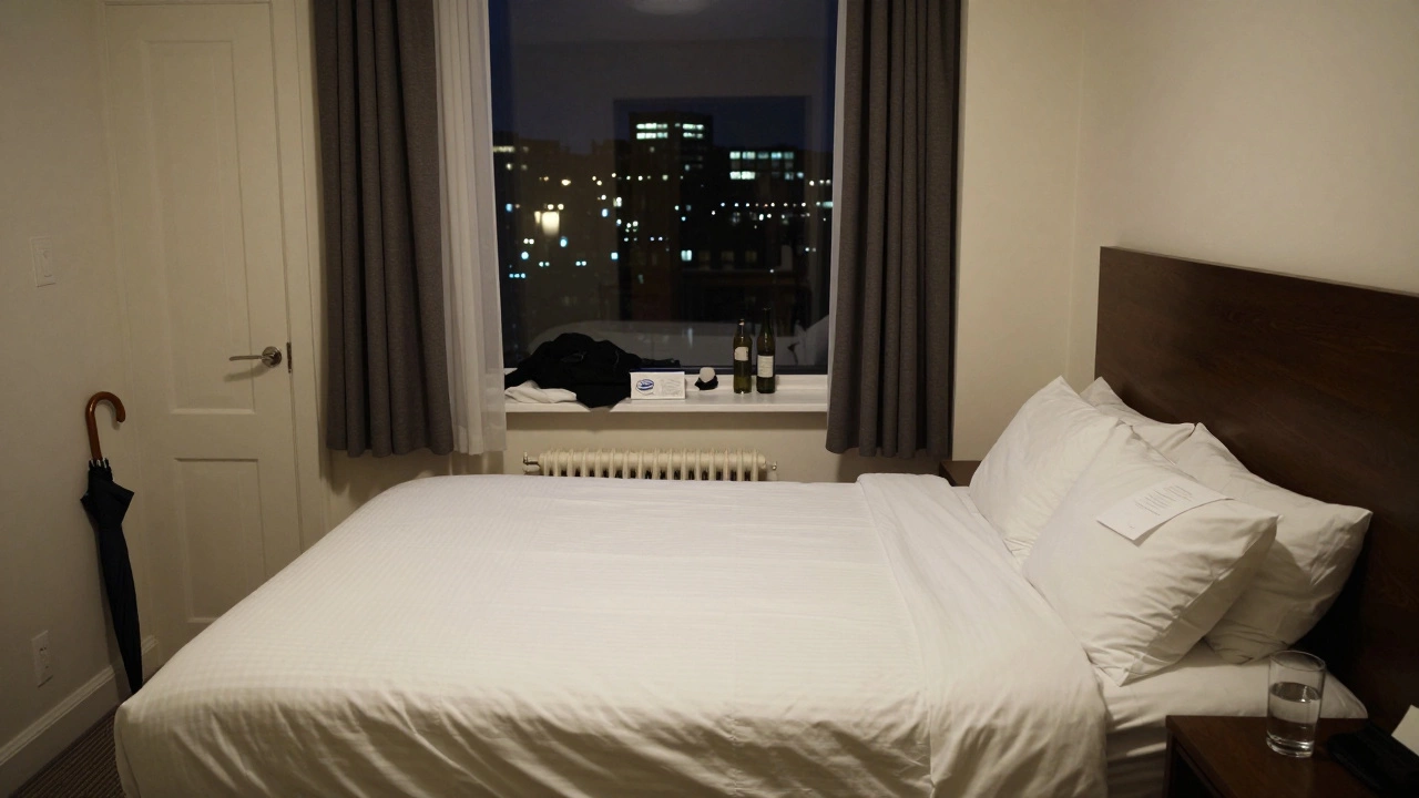 An orderly hotel room with a note on the pillow and city lights visible through the window.