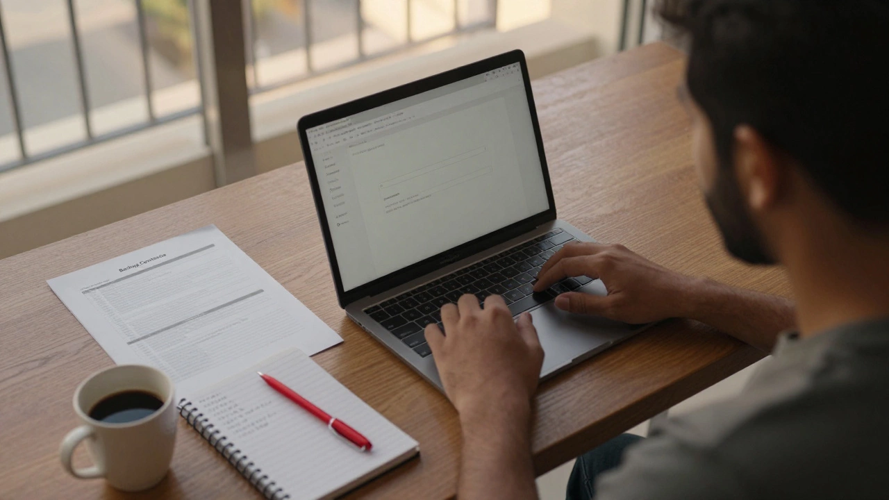 Business owner in Dubai staring at laptop with blank contact field, printed backup file on desk.