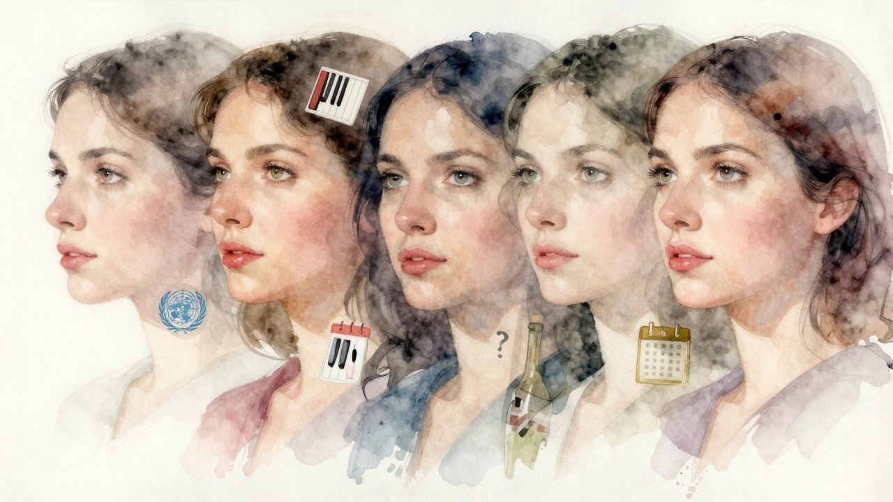 Overlapping portraits of women with symbolic fragments representing intelligence, language, and emotional depth.