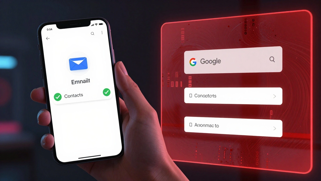 Split-screen digital art: visible contact info vs hidden behind a red barrier with data particles.